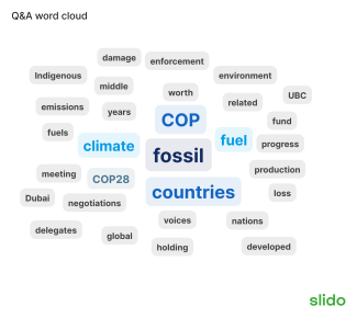 A Word Cloud showing the most popular terms from audience submitted questions. The image shows the following terms: fossil, fuel and fuels, countries, climate, COP, COP28, damage, holding, global, related, environment, production, indigenous, Dubai, loss, worth, middle, meeting, nations, years, emissions, negotiations, voices, progress, developed, enforcement, delegates, fund, UBC.