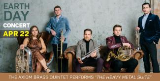 Earth Day Concert April 22 at the Vogue Theater.  Image contains five composers each with their instrument. 