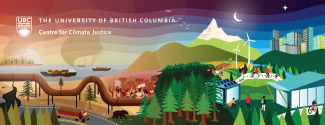 The centre for climate justice's logo: a graphic of a landscape with the left featuring a pipeline, smoke and large container ships, the middle having people protesting and a forest, and the right with mountains, a futuristic city, people walking together, and solar panels